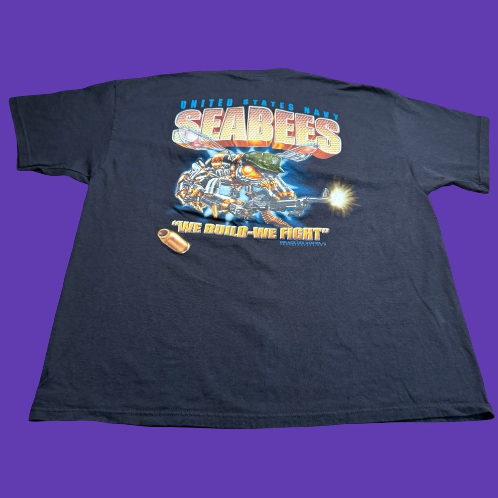 US Navy Seabees T Shirt XL Black We Build We Fight Military 2 Sided Y2K Nature